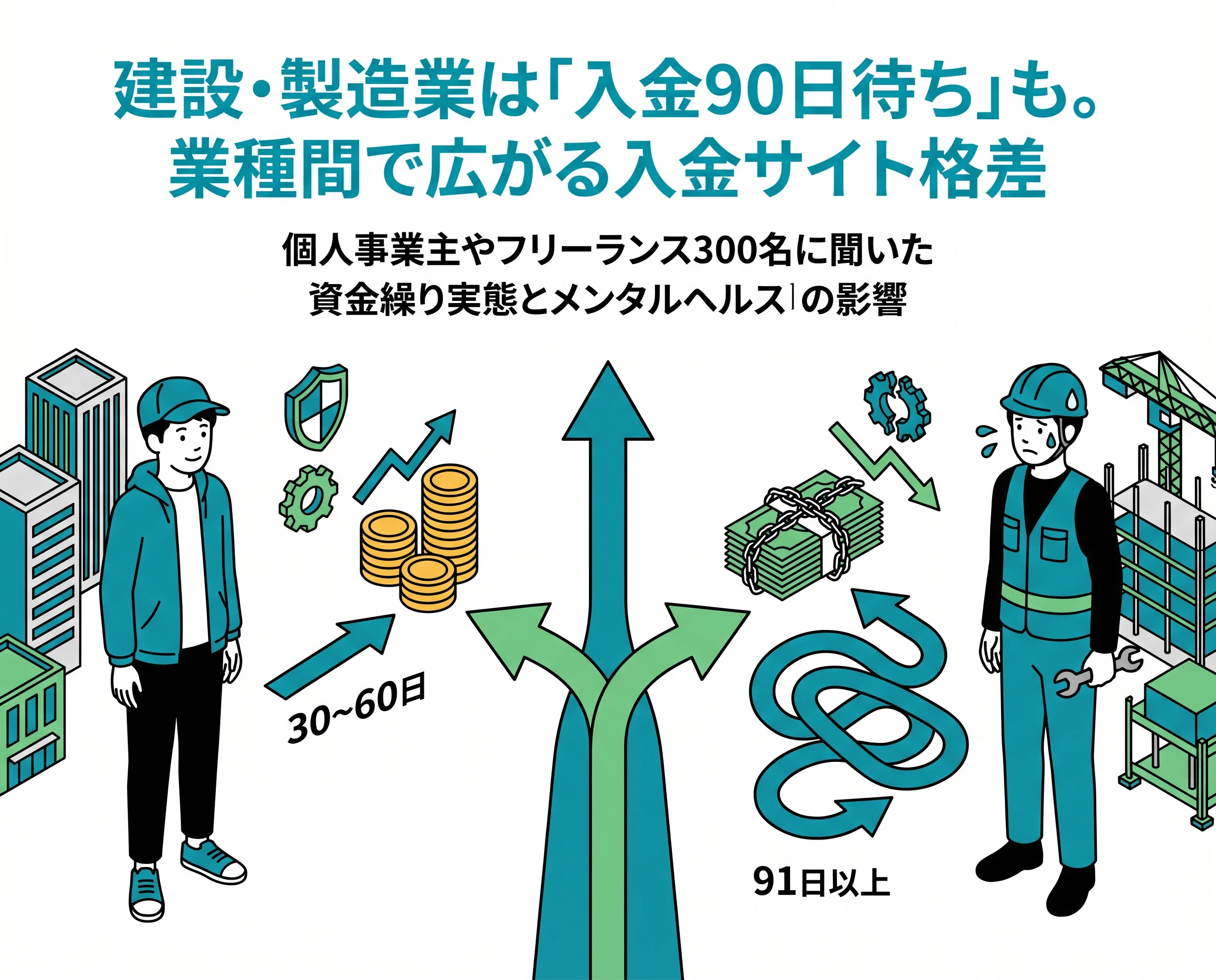 建設・製造業は「入金90日待ち」も。業種間で広がる入金サイト格差 個人事業主やフリーランス300名に聞いた資金繰り実態とメンタルヘルスへの影響