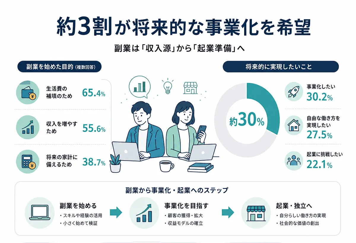 副業経験者300名を対象に「副業の事業化と資金調達に関する実態調査」を実施 「副業経験者の約3割が事業化を希望」一方で資金不足・資金調達への不安が大きな障壁に
