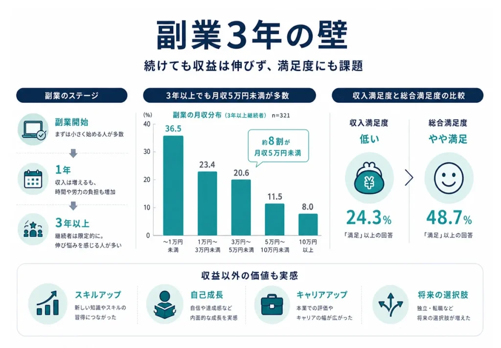 副業3年の壁があり、続けていても収益が伸びずに満足度に課題があることを説明